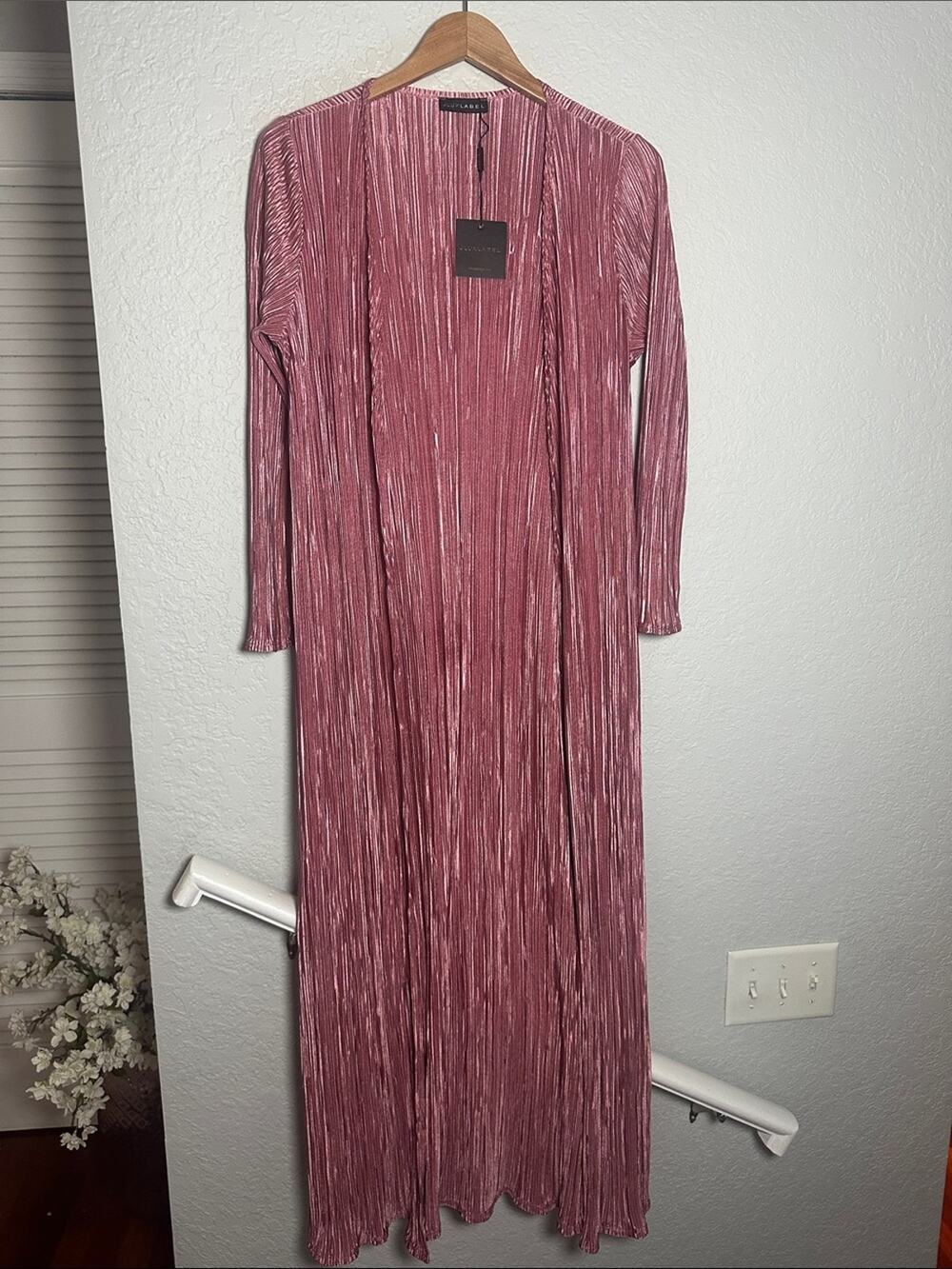 NEW JLUXLABEL Mauve Pink Long Duster Maxi Glam Pleated Plissé Cardigan NWT Small